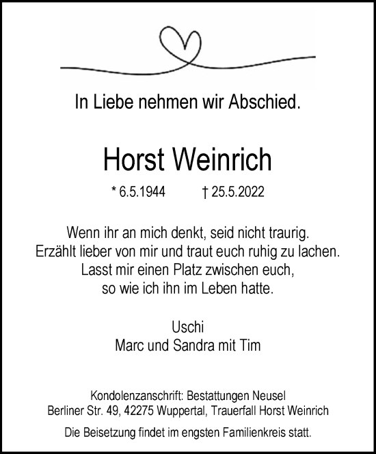 Traueranzeige von Horst Weinrich von trauer.wuppertaler-rundschau.de