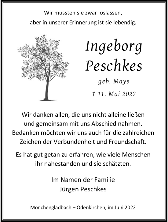 Traueranzeige von Ingeborg Peschkes von trauer.extra-tipp-moenchengladbach.de