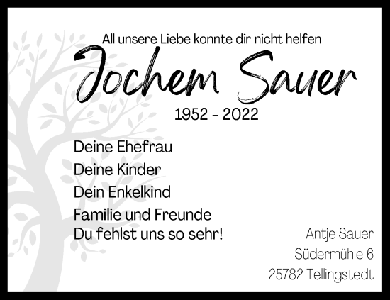 Traueranzeige von Jochem Sauer von trauer.wuppertaler-rundschau.de