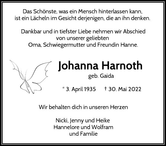 Traueranzeige von Johanna Harnoth von trauer.wuppertaler-rundschau.de