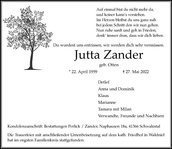 Traueranzeige von Jutta Zander von trauer.extra-tipp-moenchengladbach.de
