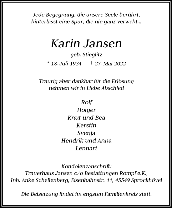 Traueranzeige von Karin Jansen von trauer.wuppertaler-rundschau.de