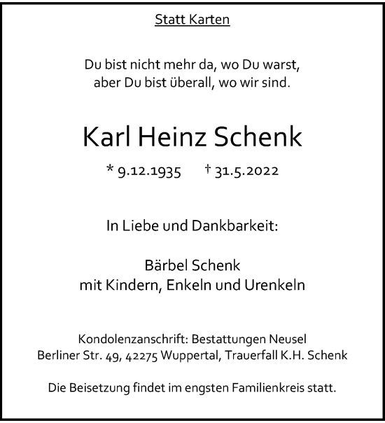 Traueranzeige von Karl Heinz Schenk von trauer.wuppertaler-rundschau.de