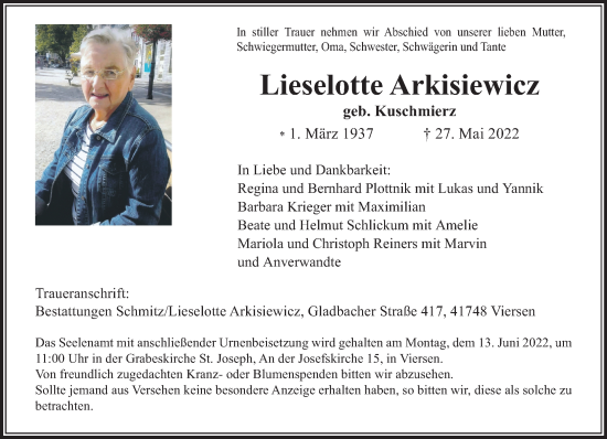 Traueranzeige von Lieselotte Arkisiewicz von trauer.extra-tipp-moenchengladbach.de
