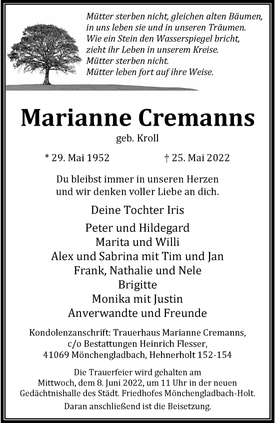 Traueranzeige von Marianne Cremanns von trauer.extra-tipp-moenchengladbach.de