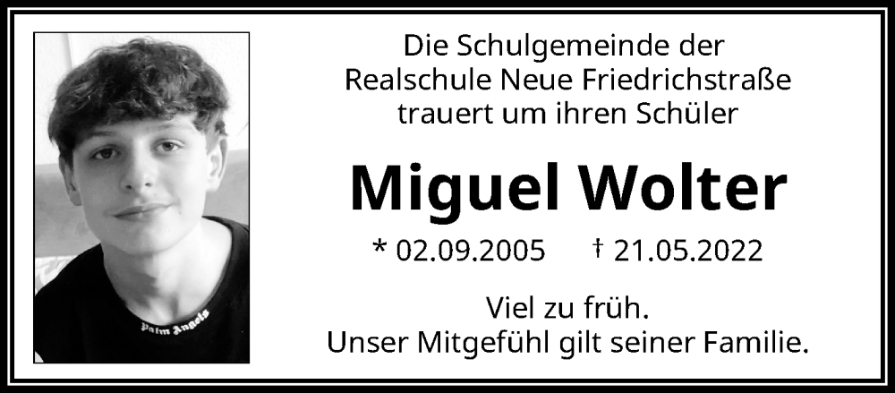  Traueranzeige für Miguel Wolter vom 04.06.2022 aus trauer.wuppertaler-rundschau.de