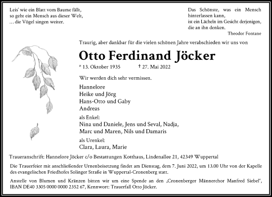 Traueranzeige von Otto Ferdinand Jöcker von trauer.wuppertaler-rundschau.de
