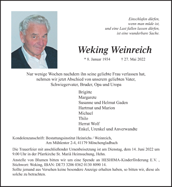 Traueranzeige von Weking Weinreich von trauer.extra-tipp-moenchengladbach.de