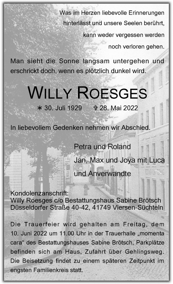 Traueranzeige von Willy Roesges von trauer.extra-tipp-moenchengladbach.de