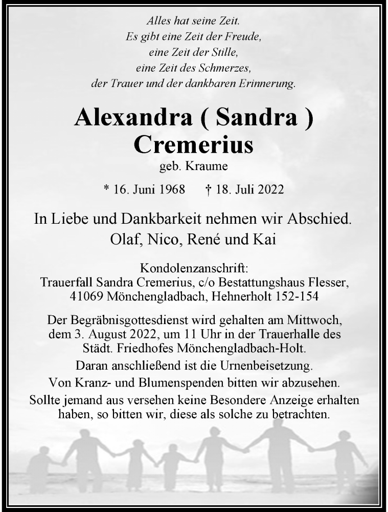  Traueranzeige für Alexandra Cremerius vom 31.07.2022 aus trauer.extra-tipp-moenchengladbach.de