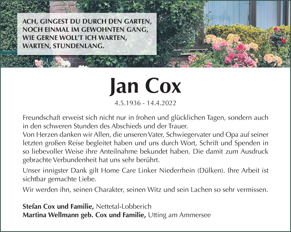  Traueranzeige für Jan Cox vom 03.07.2022 aus trauer.extra-tipp-moenchengladbach.de