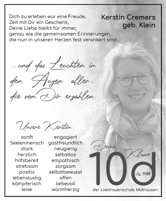 Traueranzeige von Kerstin Cremers von trauer.extra-tipp-moenchengladbach.de