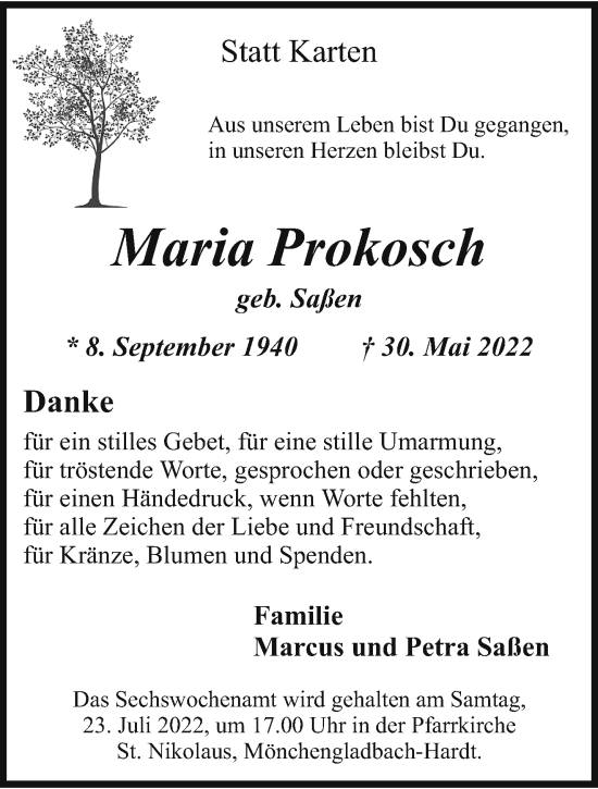 Traueranzeige von Maria Prokosch von trauer.extra-tipp-moenchengladbach.de