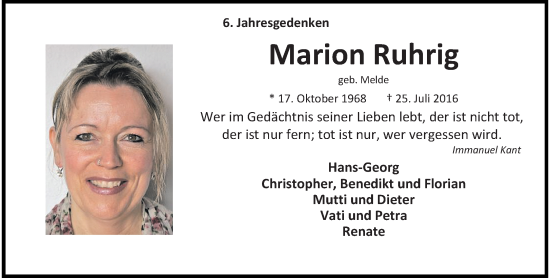 Traueranzeige von Marion Ruhrig von trauer.wuppertaler-rundschau.de