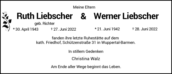 Traueranzeige von Ruth und Werner Liebscher von trauer.wuppertaler-rundschau.de
