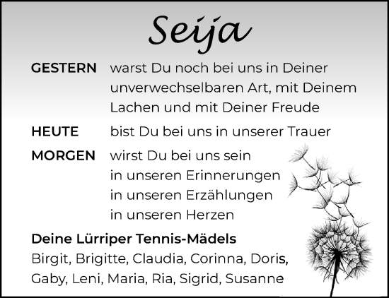 Traueranzeige von Seija  von trauer.extra-tipp-moenchengladbach.de