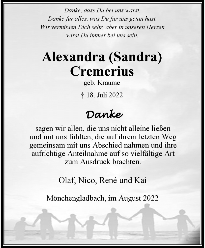  Traueranzeige für Alexandra Cremerius vom 21.08.2022 aus trauer.extra-tipp-moenchengladbach.de