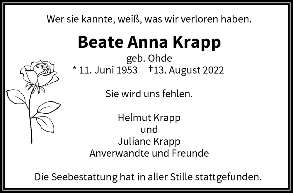  Traueranzeige für Beate Anna Krapp vom 20.08.2022 aus trauer.wuppertaler-rundschau.de