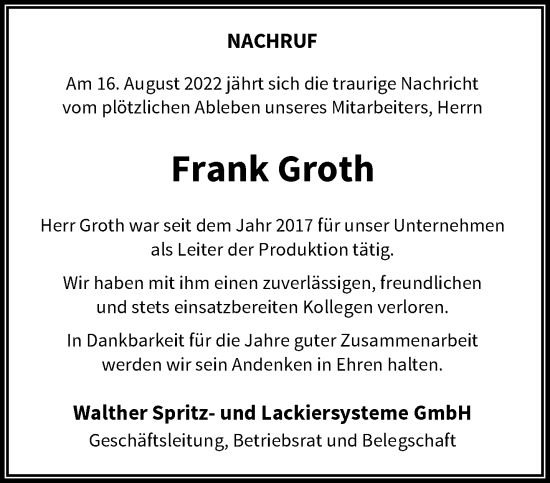 Traueranzeige von Frank Groth von trauer.wuppertaler-rundschau.de