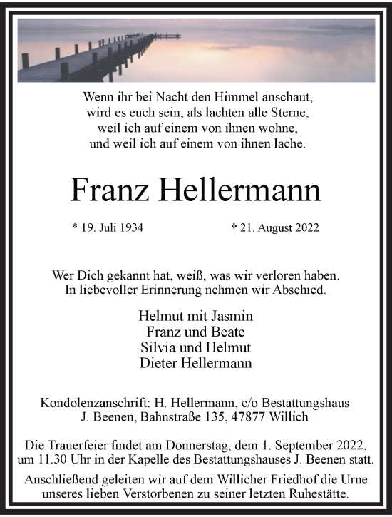 Traueranzeige von Franz Hellermann von trauer.extra-tipp-moenchengladbach.de