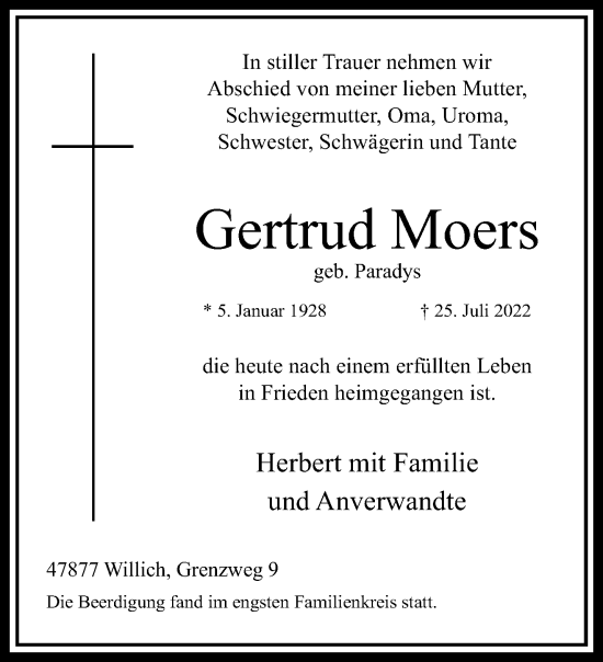 Traueranzeige von Gertrud Moers von trauer.extra-tipp-moenchengladbach.de