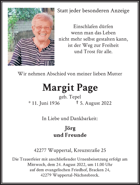 Traueranzeige von Margit Page von trauer.wuppertaler-rundschau.de