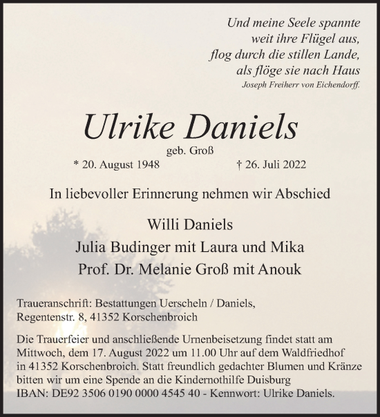 Traueranzeige von Ulrike Daniels von trauer.extra-tipp-moenchengladbach.de