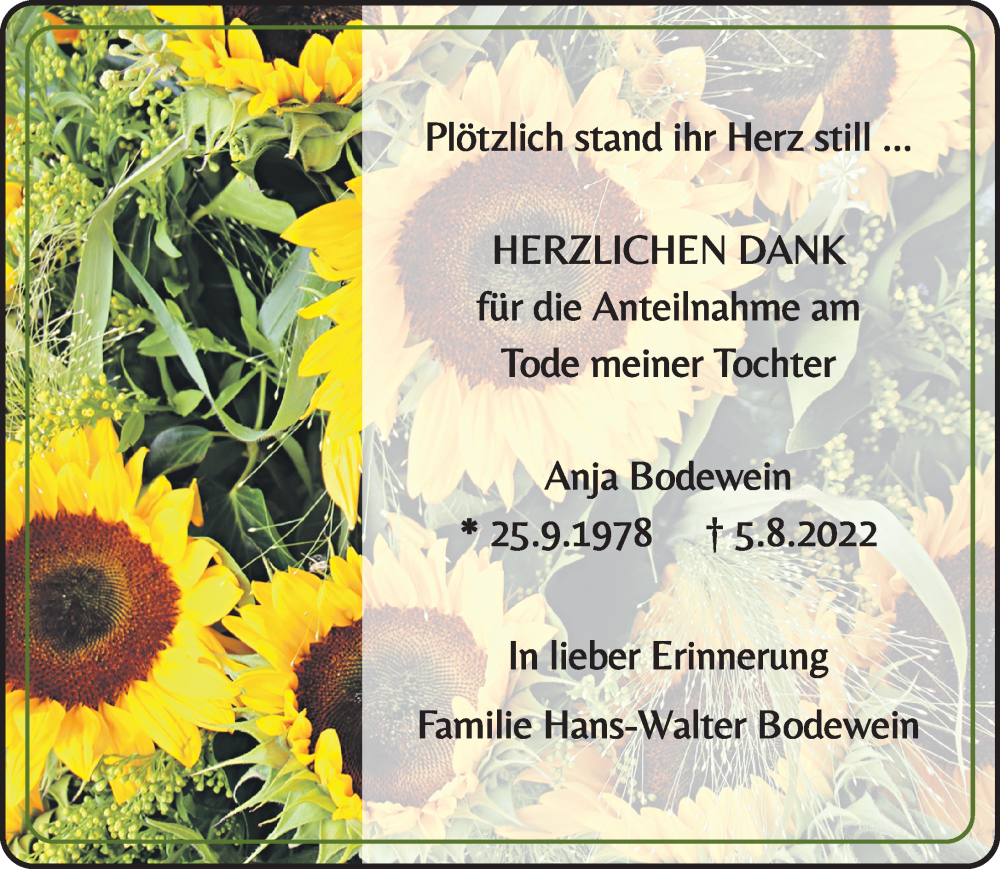  Traueranzeige für Anja Bodewein vom 04.09.2022 aus trauer.extra-tipp-moenchengladbach.de