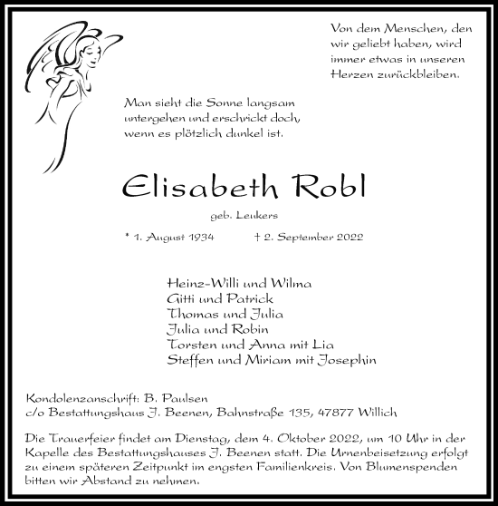 Traueranzeige von Elisabeth Robl von trauer.extra-tipp-moenchengladbach.de