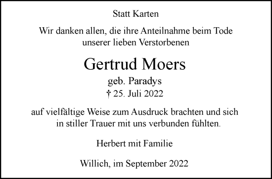 Traueranzeige von Gertrud Moers von trauer.extra-tipp-moenchengladbach.de