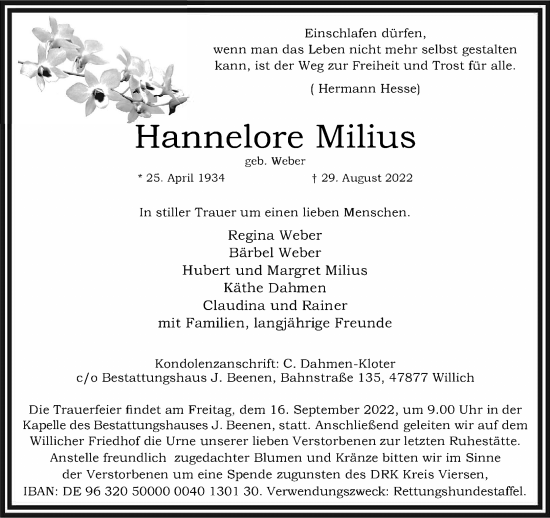 Traueranzeige von Hannelore Milius von trauer.extra-tipp-moenchengladbach.de