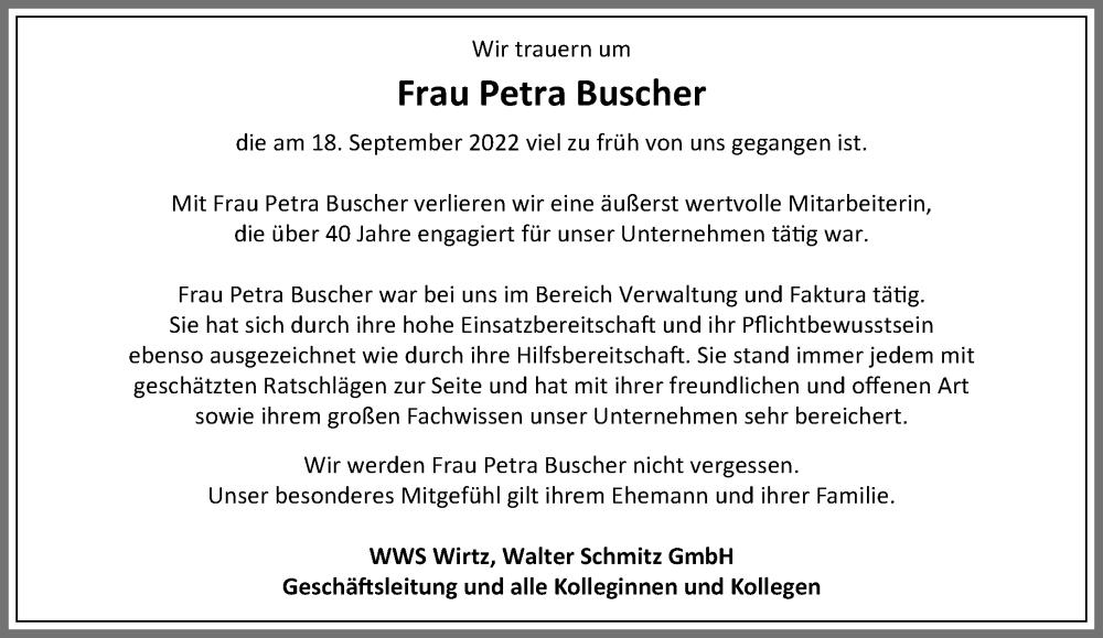  Traueranzeige für Petra Buscher vom 02.10.2022 aus trauer.extra-tipp-moenchengladbach.de