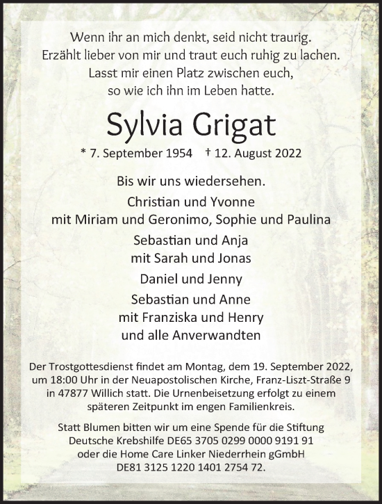 Traueranzeige von Sylvia Grigat von trauer.extra-tipp-moenchengladbach.de