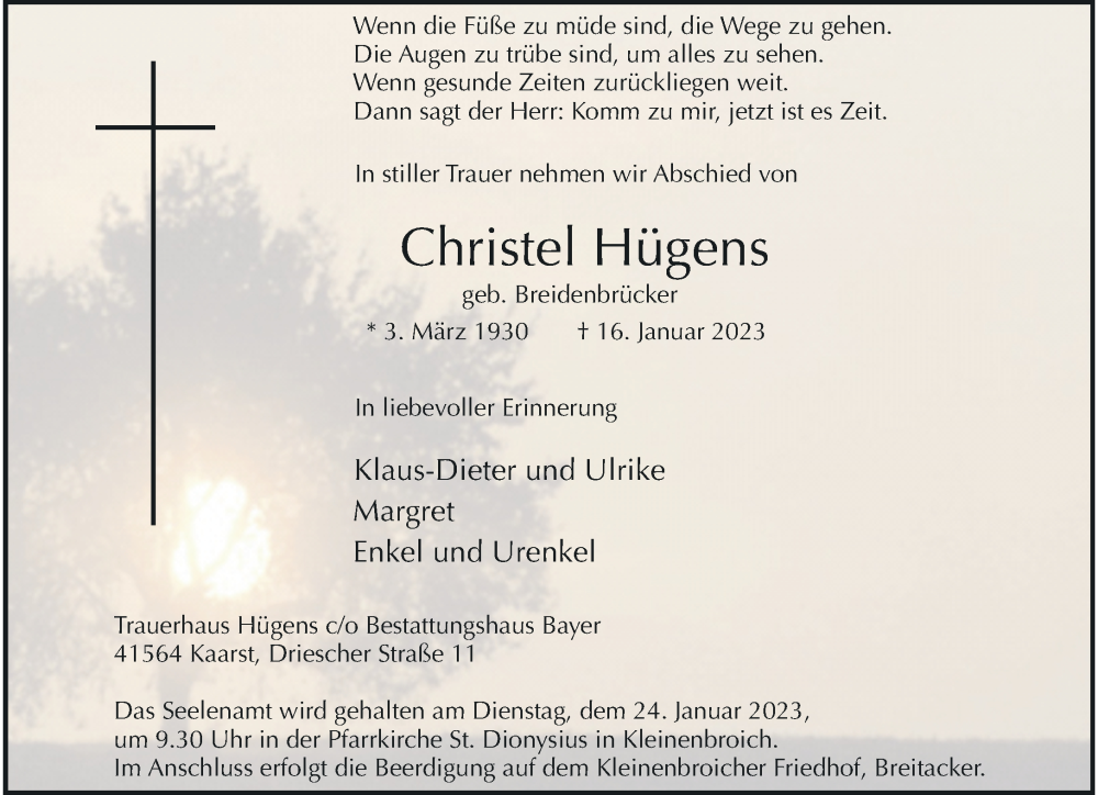  Traueranzeige für Christel Hügens vom 22.01.2023 aus trauer.extra-tipp-moenchengladbach.de