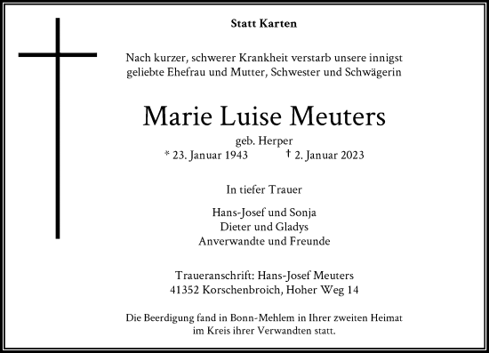 Traueranzeige von Marie Luise Meuters von trauer.extra-tipp-moenchengladbach.de