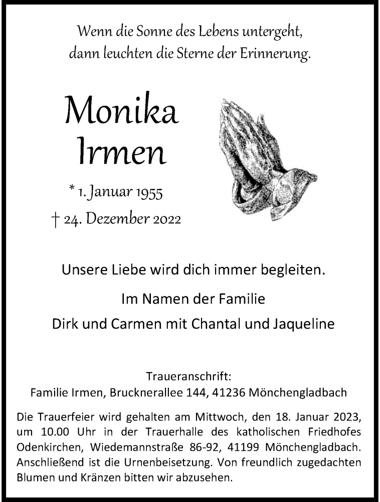  Traueranzeige für Monika Irmen vom 08.01.2023 aus trauer.extra-tipp-moenchengladbach.de