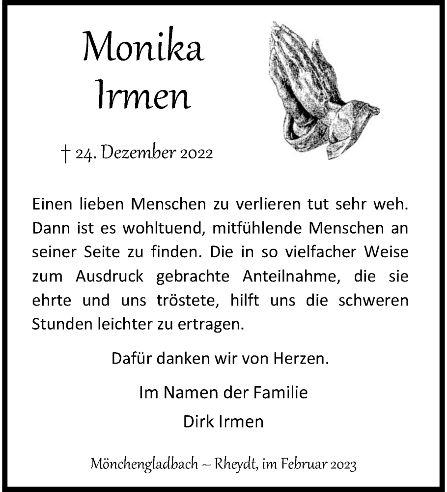  Traueranzeige für Monika Irmen vom 29.01.2023 aus trauer.extra-tipp-moenchengladbach.de
