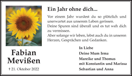 Traueranzeige von Fabian Mevißen von trauer.extra-tipp-moenchengladbach.de