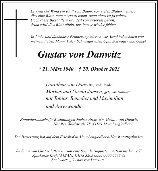 Traueranzeige von Gustav von Danwitz von trauer.extra-tipp-moenchengladbach.de