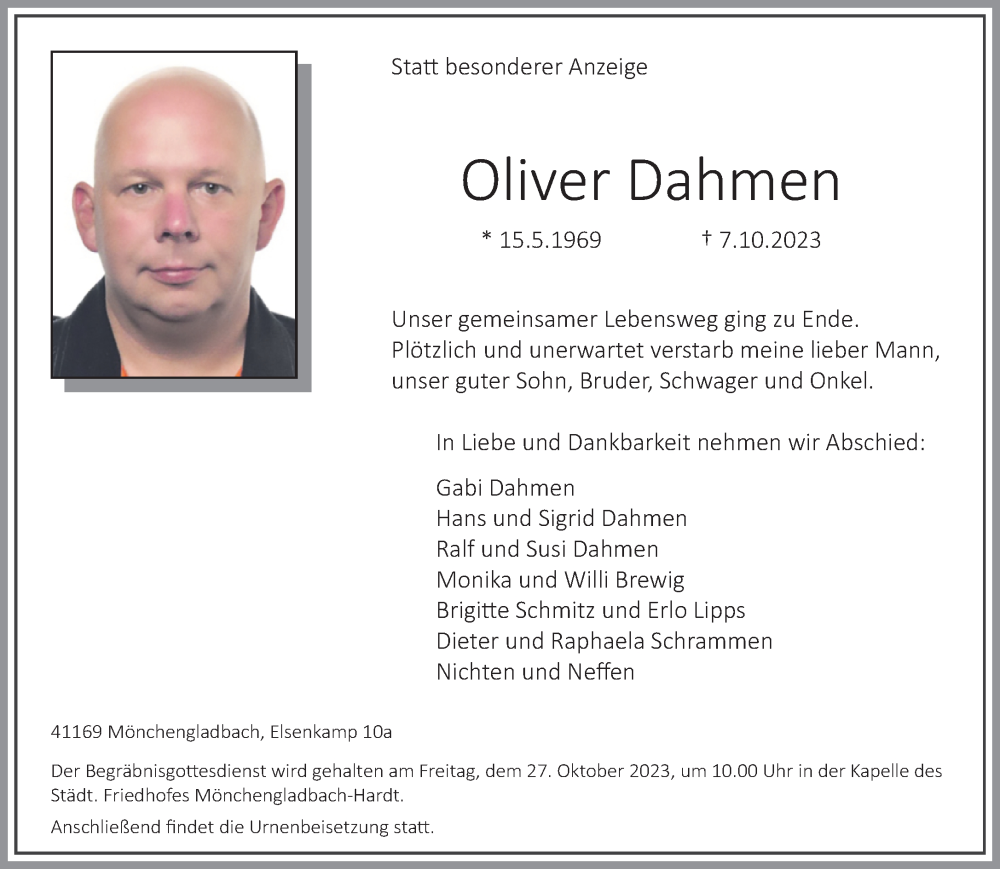  Traueranzeige für Oliver Dahmen vom 22.10.2023 aus trauer.extra-tipp-moenchengladbach.de