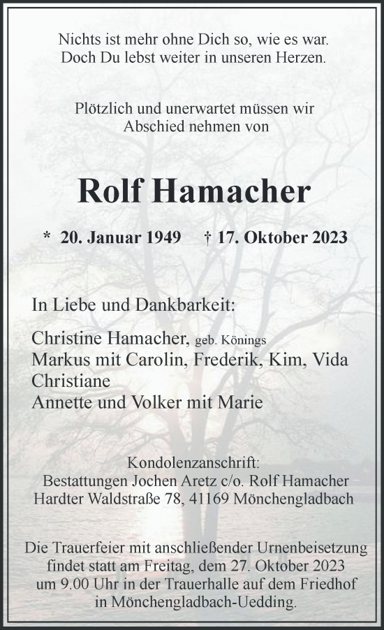 Traueranzeige von Rolf Hamacher von trauer.extra-tipp-moenchengladbach.de