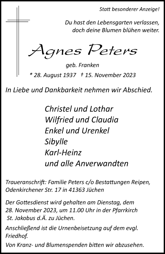 Traueranzeige von Agnes Peters von trauer.stadt-kurier.de