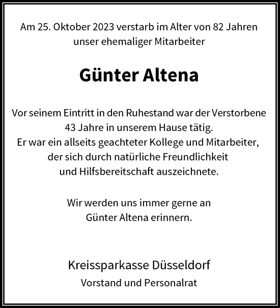 Traueranzeige von Günter Altena von trauer.duesseldorfer-anzeiger.de