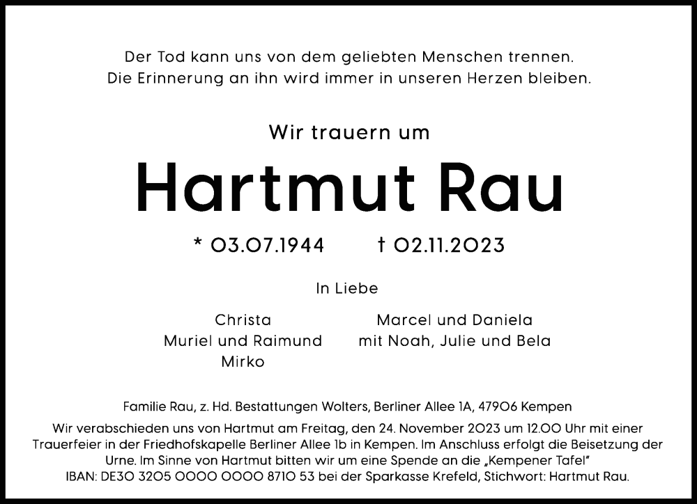  Traueranzeige für Hartmut Rau vom 12.11.2023 aus trauer.extra-tipp-moenchengladbach.de
