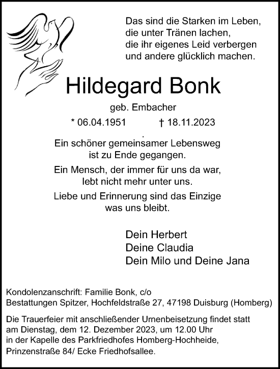 Traueranzeige von Hildegard Bonk von trauer.extra-tipp-moenchengladbach.de