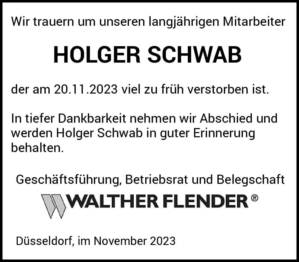  Traueranzeige für Holger Schwab vom 01.12.2023 aus trauer.duesseldorfer-anzeiger.de