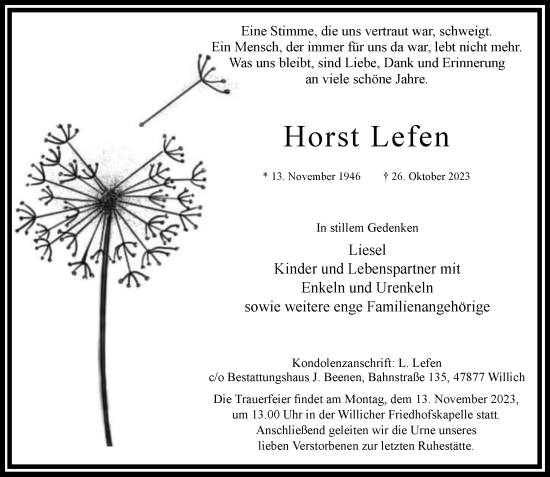 Traueranzeige von Horst Lefen von trauer.extra-tipp-moenchengladbach.de