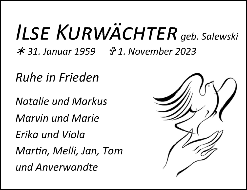  Traueranzeige für Ilse Kurwächter vom 12.11.2023 aus trauer.extra-tipp-moenchengladbach.de