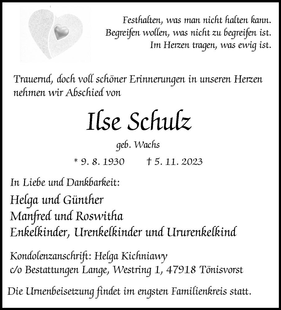  Traueranzeige für Ilse Schulz vom 12.11.2023 aus trauer.extra-tipp-moenchengladbach.de