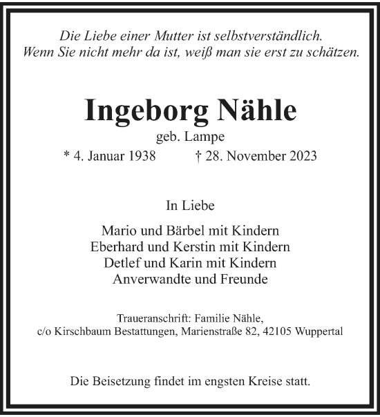 Traueranzeige von Ingeborg Nähle von trauer.wuppertaler-rundschau.de
